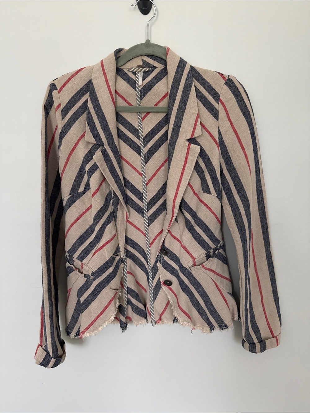 Free People Striped Fringe-Trim Blazer in Beige, Navy & Red